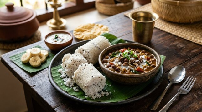 Kerala Puttu with Kadala Curry Traditional Breakfast, authentic Indian food concept for restaurant menus, regional cuisine branding and appetizing culinary advertising with rich traditional flavors