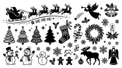 Fototapeta premium Set of Christmas doodle icons and silhouettes.