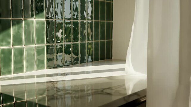 Close-up View of Marble Windowsill Beside Green Glass Tile Wall and White Curtain