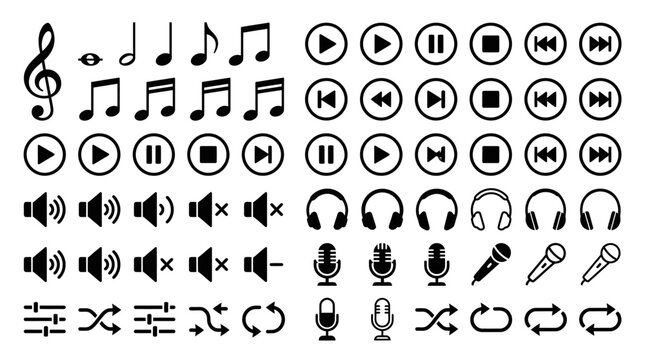 Set of black music and media player icons.