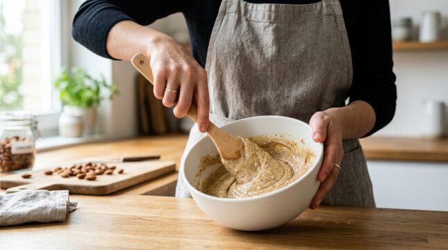 Person mixing creamy peanut butter or almond paste in a white bowl, commercial stock photography, clear main subject, practical lifestyle context, realistic textures, neutral unbranded objects, clean