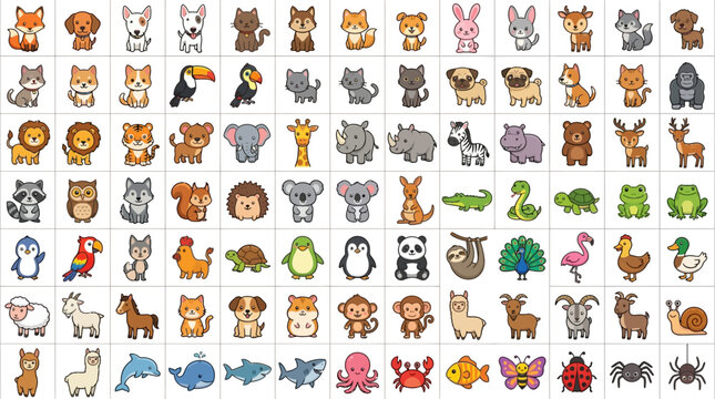 Set of cute cartoon animals and sea creatures collection.