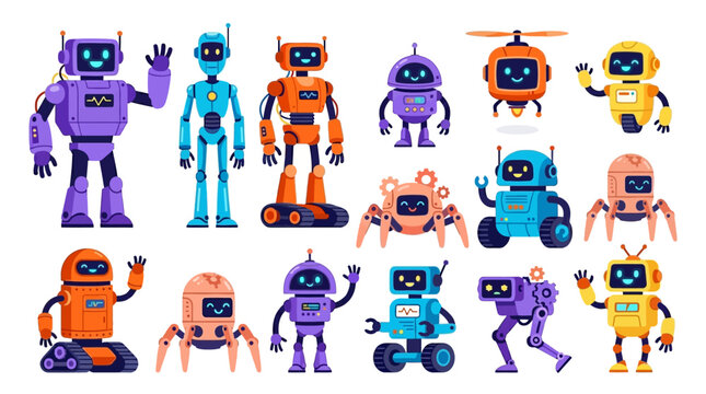 Set of cute colorful cartoon robots and droids.
