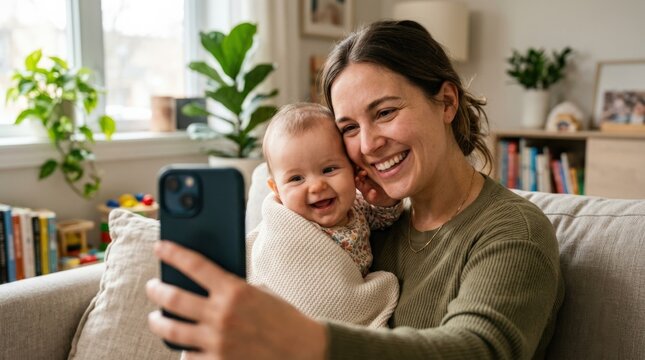 Mom and baby UGC selfie, authentic family lifestyle, tenderness, home bonding and candid parenthood moment with relaxed warmth and natural emotional connection, natural light, photorealistic, high