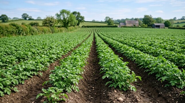 Agricultural field with even rows of young potato plants in summer, growing potatoes, green farm crop landscape, natural composition, minimal rustic styling, soft natural light, shallow depth of