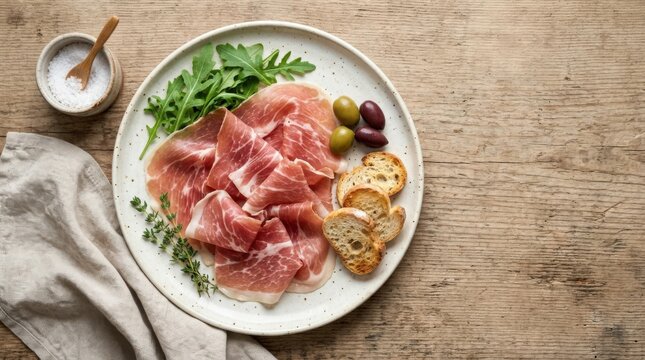 Sliced cured ham, prosciutto Italian delicacy, Parma ham top view, gourmet meat appetizer, charcuterie snack, restaurant menu concept, appetizing food photography, clean unbranded table setting,