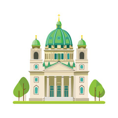 Fototapeta premium Cartoon illustration of a grand building with green domes and columns on white