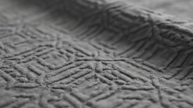 Close-up of elegant grey fabric with raised geometric patterned texture, detailed textile background