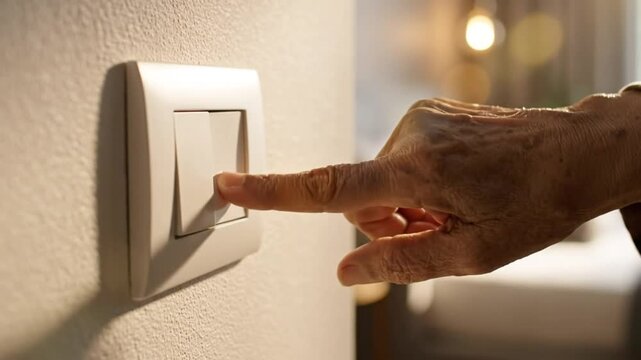 elderly hand switching off light indoors showing power control and energy saving concept in home environment