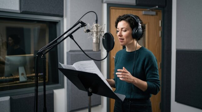 Voice actor recording dialogue for animated video game, audio production, microphone studio, game development performance, script reading, commercial stock photography, authentic detail, fresh