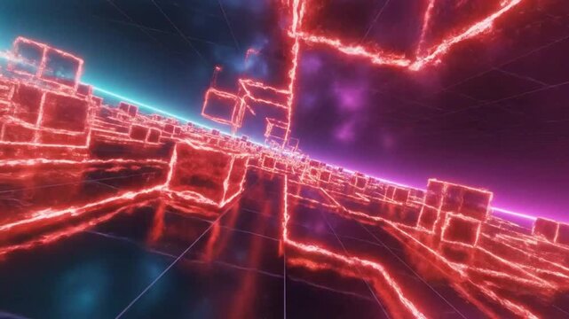 Futuristic abstract digital landscape with glowing red cube structures and grid lines in a virtual cyberspace