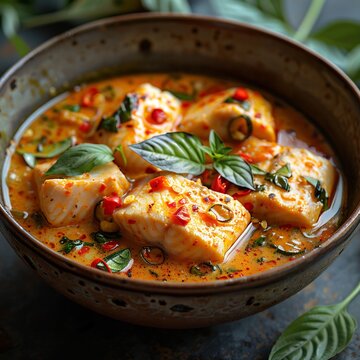 Thai fish curry coconut sauce herb chili vibrant flavors authentic Thai cuisine rustic bowl dramatic lighting high detail food shot