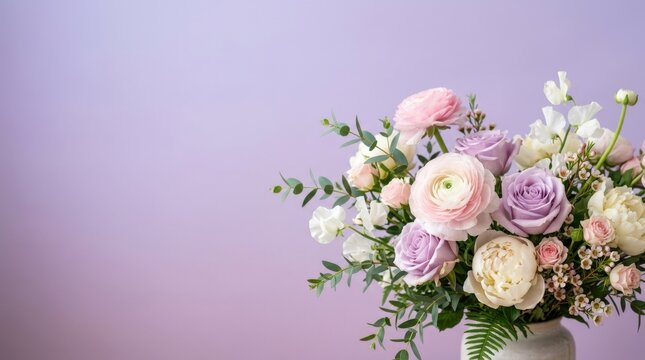 Beautiful flowers on soft purple gradient background with copy space for branding, editorials, presentations and with premium polished depth, airy mood, clean composition, vivid detail, natural light,