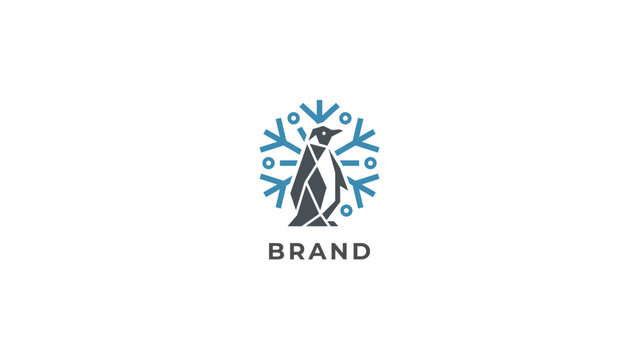 Elegant stylized penguin icon combined with a delicate snowflake pattern, a perfect emblem for brands focused on cold environments, winter themes, or ecological conservation with a modern aesthetic