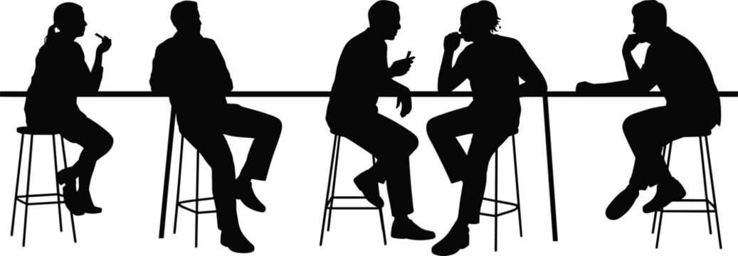 Silhouette Set of People Sitting on Bar Stools at a Long Counter, Socializing, Talking, Eating and Drinking in a Restaurant