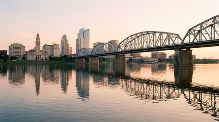 Fototapeta premium Nashville skyline and Cumberland River bridge at sunset