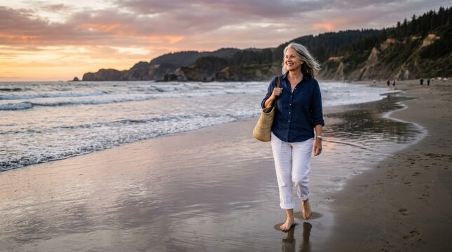 Confident Mature Woman Enjoying Peaceful Evening Walk on Scenic Beach, travel lifestyle scene, tourism, vacation, adventure and destination concepts, clean styling, soft natural light, crisp detail,