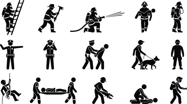 Emergency services first responder stick figure icons featuring firefighters police and paramedics in rescue operations vector illustration set