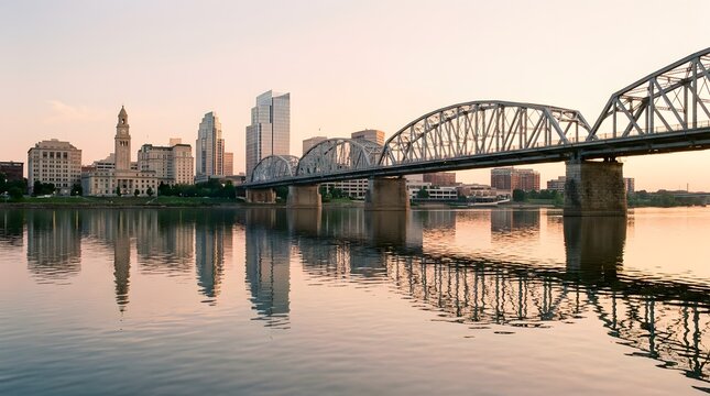 Nashville skyline and Cumberland River bridge at sunset