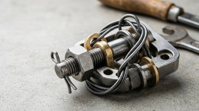 Interlocking metal puzzle with hex nut, cotter pin and looped wire, mechanical challenge, hardware construction, problem solving object, close engineering detail, commercial stock photography,
