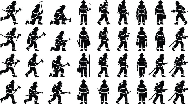 Firefighter silhouette collection featuring emergency responders in various action poses with rescue tools for public safety vector graphics