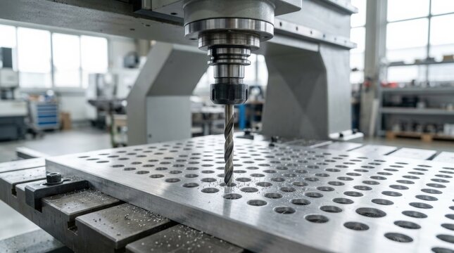 CNC drill bit aligned over perforated sheet for precision machining, metal manufacturing, automated drilling, industrial engineering, accurate tool positioning, commercial stock photography, authentic