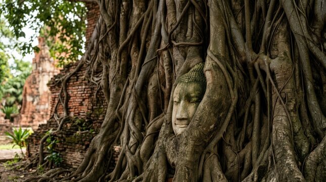 Stone Buddha head trapped in tree roots at Ayutthaya, Thailand historic temple ruins cultural heritage travel landmark and ancient spiritual site, natural composition, soft natural light, realistic