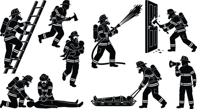 Firefighter silhouette set featuring rescue actions, emergency response scenes, first aid procedures, and firefighting equipment icons in black vector style