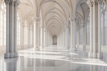 Obraz premium Ethereal White Gothic Hallway with Long Shadows and Atmospheric Sunlight Streaming Through Tall Arched Windows