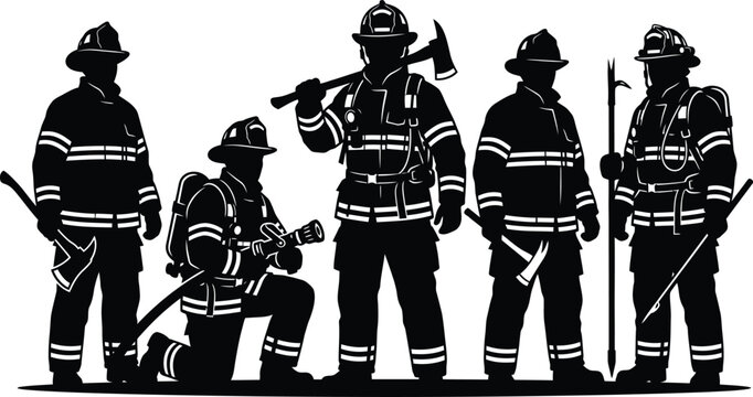 Firefighter team silhouette group wearing protective gear holding axes and hose for emergency service rescue concept vector illustration