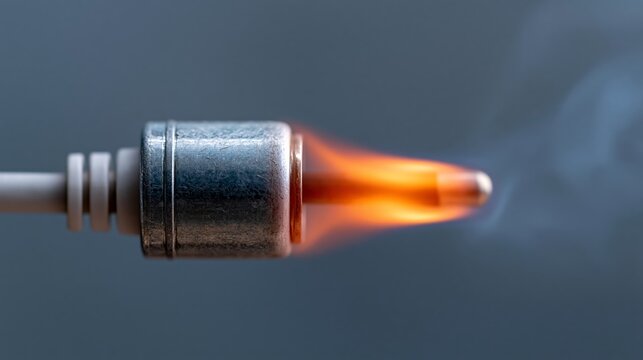 Focused flame burns steadily from metallic nozzle. Orange glow contrasts with cool gray background. Fireside detail captures precision and heat. Ideal for industrial, scientific