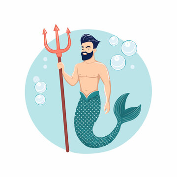 Merman Holding Trident with Bubbles