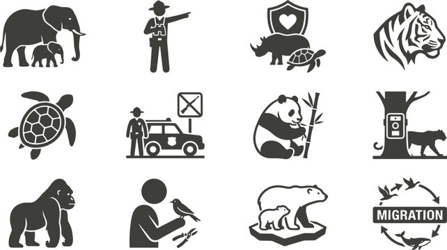 Wildlife Conservation and Endangered Species Icon Set, Flat Silhouette Vector Symbols for Animal Protection, Safari Ranger, Panda, Tiger, and Wildlife