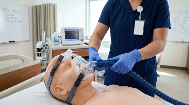 Connecting hose to NIV mask on medical mannequin in training setup, respiratory therapy practice, clinical education, noninvasive ventilation equipment, commercial stock photography, authentic