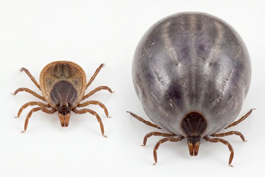 Comparison of unfed and fully blood engorged ticks on white background