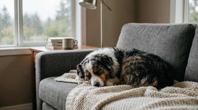 Fluffy dog curled up sleeping on grey sofa on rainy day at home for commercial Adobe Stock photo, high demand searchable subject, neutral branding, clear visual story, useful copy space, authentic
