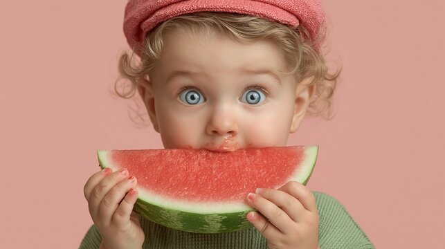 Little child holds watermelon slice. Blue eyes gaze directly at viewer. Pink cap adds playful charm. Soft background enhances focus. Perfect for summer or child-themed projects