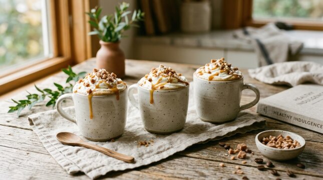 Three caramel lattes with cream topping salted caramel sauce and toffee pieces, commercial culinary still life for healthy eating menu design cookbook recipe blog and premium food advertising, styled