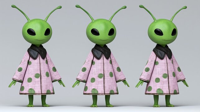 Three green alien figures stand side by side. Each wears a pink polka-dot coat with black collar. Their large eyes and antennae give them an innocent look. They appear calm and unthreatening