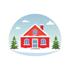 Naklejka premium Red house illustration with snow and trees against winter sky backdrop