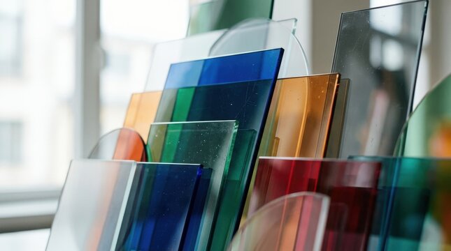 Colorful glass plates creating a bold abstract background, modern design concept for branding, interiors, editorials and creative campaigns, polished finish, editorial clarity, modern commercial