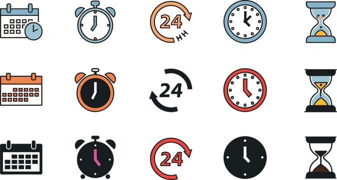 "Set of Vector Icons Featuring Time, Calendar, and Clock Symbols for Digital and Web Designs"