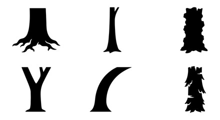 Set of Six Black Silhouette Tree Trunks and Roots, Stylized Vector Icons for Nature and Forest Design Elements, Organic Woodland Graphics © Zubair