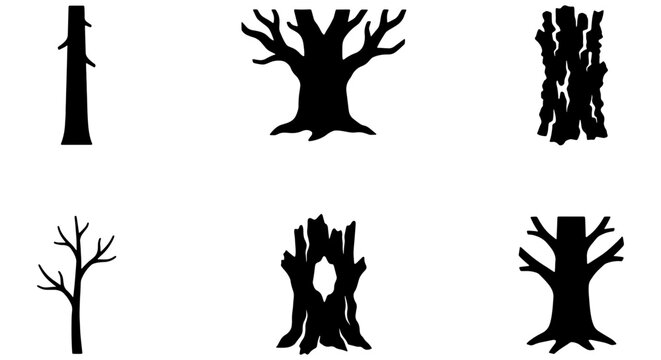 Tree Silhouettes Collection, Diverse Bark Textures & Branch Styles, Organic Nature Elements, Vector Icons for Forest and Woodland Graphics