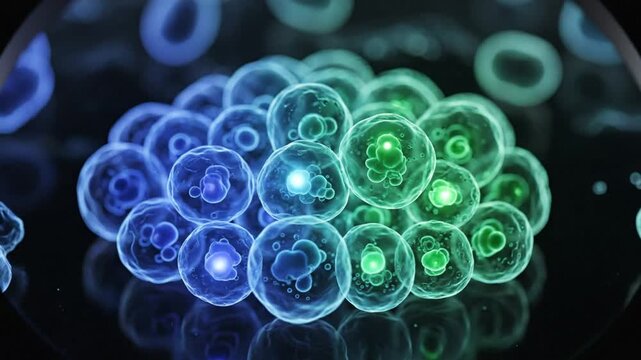 Microscopic view of cells with glowing nuclei and membranes, representing scientific medical research and biology.