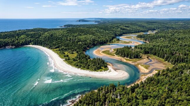 Carters Beach aerial with winding tidal river and surrounding forest, Nova Scotia travel, coastal wilderness, sandbars, blue water and scenic shoreline, natural light, realistic detail, clean