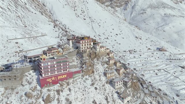 Aerial view of Key Monastery in Spiti Valley Himachal Pradesh India