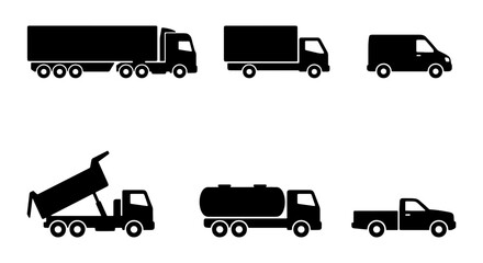 Set of 6 Black Silhouette Truck Icons, Commercial Vehicle Vector Graphics for Logistics and Delivery Services, Transportation Icons © Suman