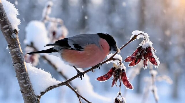 Male bullfinch perched on a snow covered branch, picking food in a winter wonderland during a bright sunny day