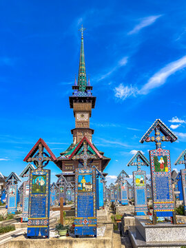 Merry Cemetery of Săp&acirc;nța with Church, Maramureș, Romania